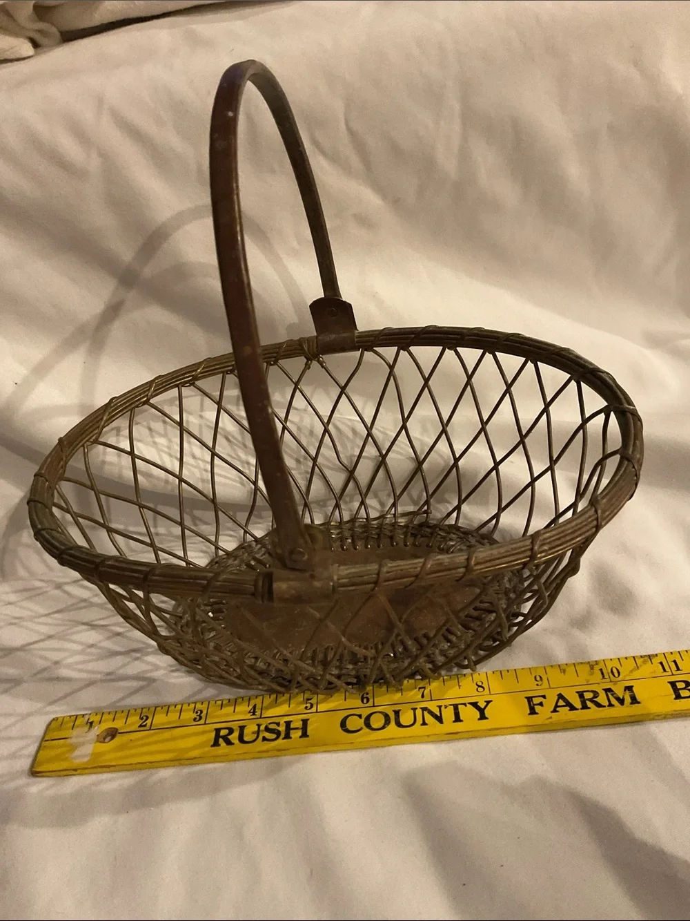 Heavy Metal Woven Basket Swing Handle Gold Metal  Rustic Farmhouse 11” VTG 1940